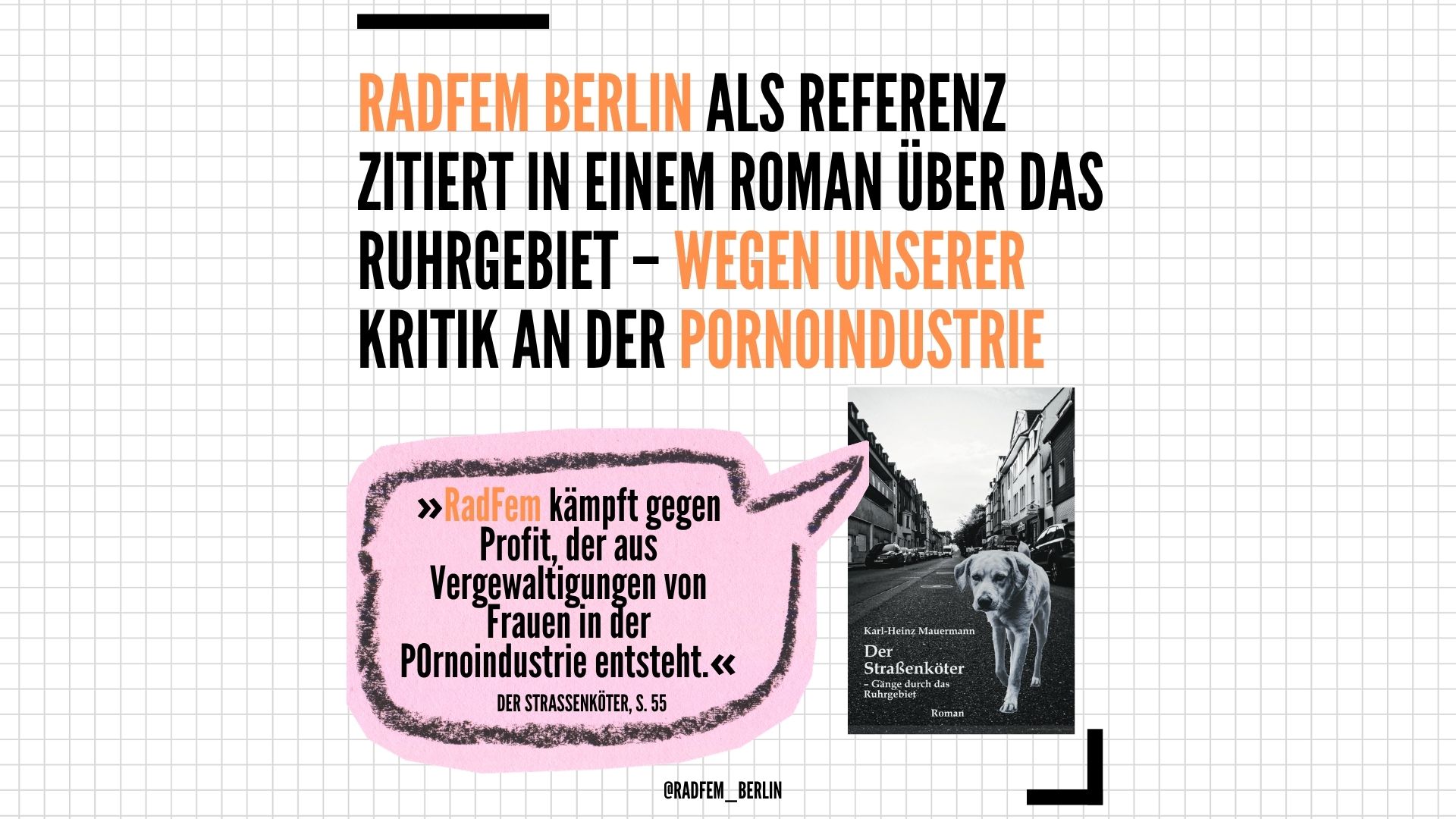 RadFem Berlin als Referenz zitiert in dem Roman Der Straßenköter von Karl-Heinz Mauermann
